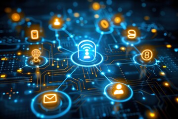 Obraz premium A digital network illustration showcasing interconnected icons with a central communication symbol, emphasizing technology and connectivity.