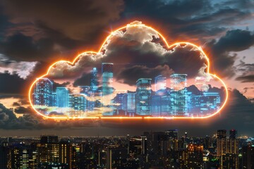 Obraz premium A digital cityscape enclosed within a glowing cloud, blending urban architecture with surreal, dreamlike elements against a dramatic night sky.