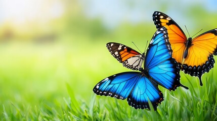 Naklejka premium Colorful Butterflies Gliding Over Green Grass in a Bright Setting