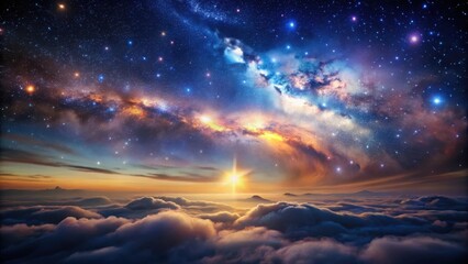 Celestial Sunrise Above a Sea of Clouds, Featuring a Vibrant Nebula and a Starry Night Sky