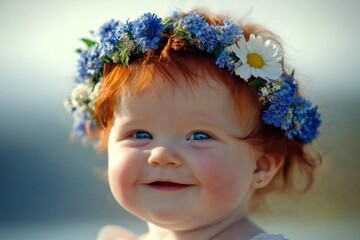 Fototapeta premium Sunny daylight. Happy vacation time concept art. Happy caucasian infant girl with red hair wearing blue flower crown on her head. Cute child in a dreamy floral scene. Summer joy for kids.