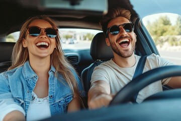 Excited playful European couple in sunglasses driving luxury car, enjoying music, singing and smiling, spouses going on vacation, windshield view