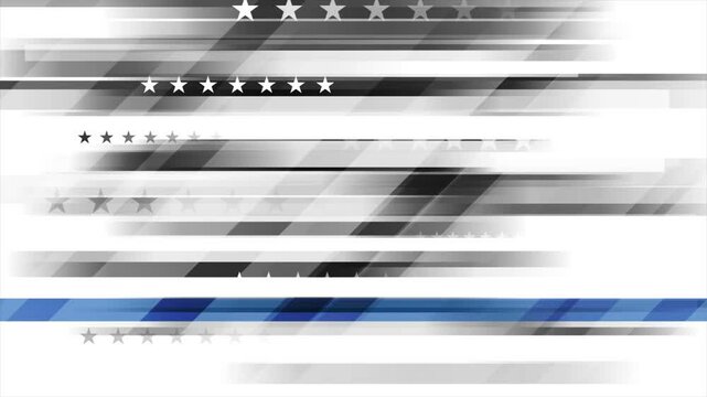 Glossy black white concept USA flag with blue stripe. American police force sign abstract background. Seamless looping motion design. Video animation Ultra HD 4K 3840x2160
