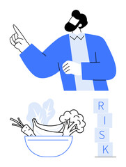 Confident man gesturing upward, healthy food in bowl with leafy greens, and stacked blocks spelling RISK. Ideal for health, diet, decision-making, education, lifestyle, awareness abstract line flat