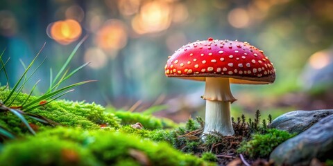 Enchanted Forest Fungus A Vibrant Red Mushroom in a Lush Green Mossy Habitat