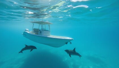 Fototapeta premium Dolphins swimming near a small boat in ocean.