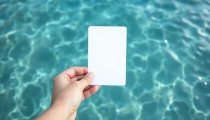 Hand holding blank card over clear water.