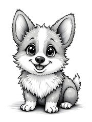 Obraz premium Adorable Cartoon Corgi Puppy with Big Eyes and Happy Smile - Cute Black and White Hand-Drawn Pet Illustration for Children's Books, Merchandise, Branding, and Whimsical Animal-Themed Designs