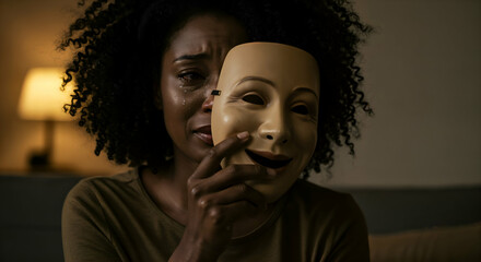 Tearful black woman hides behind a smiling mask.