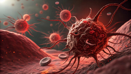 A highly detailed and realistic microscopic view of aggressive cancer cells spreading in the human body.