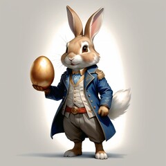 Easter theme with Easter eggs and white bunnies on a clean background, with soft shadows and delicate details.