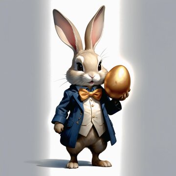 Easter theme with Easter eggs and white bunnies on a clean background, with soft shadows and delicate details.