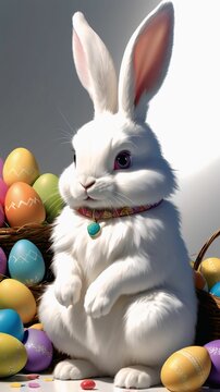 Easter theme with Easter eggs and white bunnies on a clean background, with soft shadows and delicate details.
