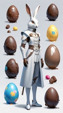 Easter theme with Easter eggs and white bunnies on a clean background, with soft shadows and delicate details.