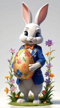 Easter theme with Easter eggs and white bunnies on a clean background, with soft shadows and delicate details.