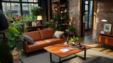 Fototapeta premium A beautifully designed compact loft with a warm and inviting ambiance, featuring cozy lighting, elegant wooden furniture and decor elements.