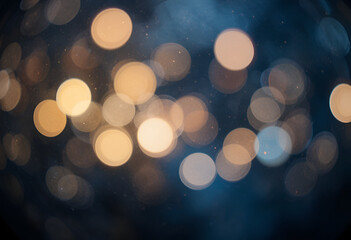 Fototapeta premium Golden Bokeh Lights on Dark Abstract Background.Warm Defocused Light Orbs with Soft Blur Effect.Elegant Glowing Bokeh Pattern for Festive Designs