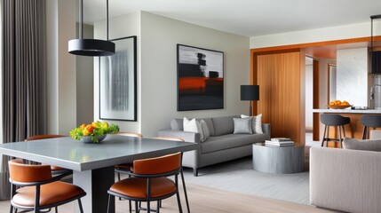 Fototapeta premium A modern and minimalist studio apartment with an open-concept layout, featuring neutral tones, natural materials, and a cozy, inviting atmosphere.