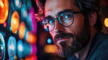 A man with glasses looks at a glowing futuristic display