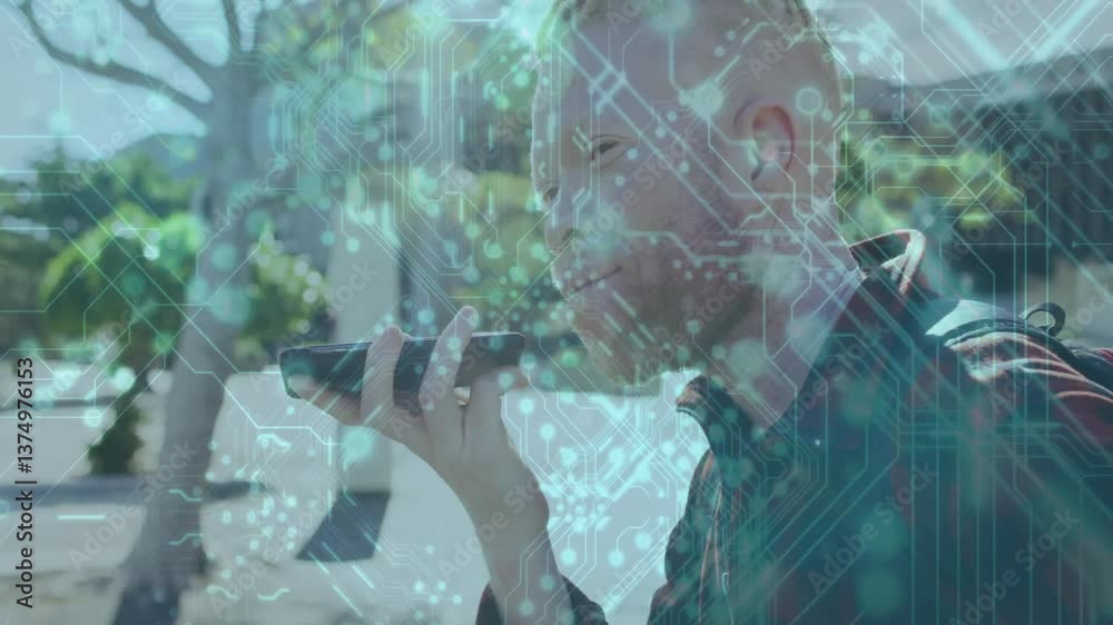 Poster man using smartphone voice command with digital circuit overlay animation