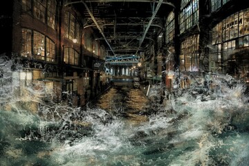 Fototapeta premium A surreal scene of a flooded industrial space, where waves crash against large windows, blending nature with urban architecture.