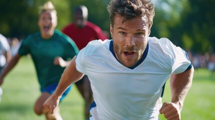 Fototapeta premium A dynamic image of an agile soccer player dribbling the ball and maneuvering on a lush green competitive soccer field during an intense match.