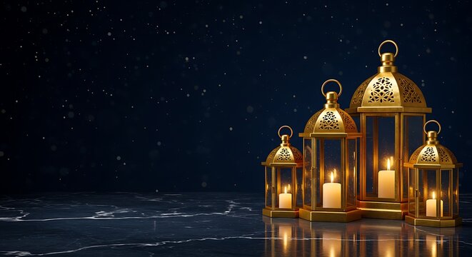 Golden Lanterns with Candles Shining on Dark Marble Surface for Holiday