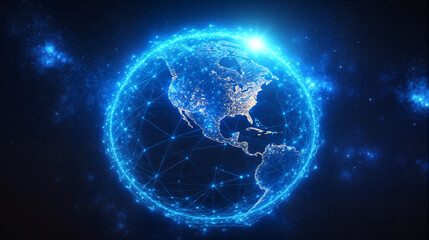 Naklejka premium Global connectivity visual. Data transfer networks, IoT, finance, blockchain security applications. Futuristic Earth with glowing network, perfect for tech, business projects.