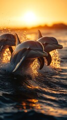 Image of A group of dolphins playfully jumping out of the ocean at sunset printed on Printed Glass Splashbacks