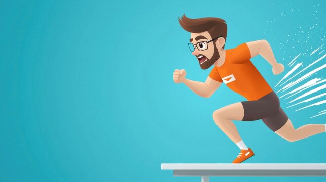 A sprinter athlete readies themselves on the starting blocks, poised to explode off the line during a high-intensity track and field competition on a fast-paced running surface.