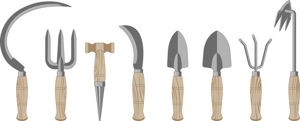 Garden tools set. Garden tools with wooden handle. Vector illustration isolated on white.