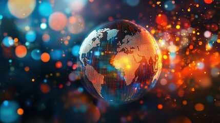 Obraz premium Vibrant Digital Globe with Colorful Lights and Bokeh Effect