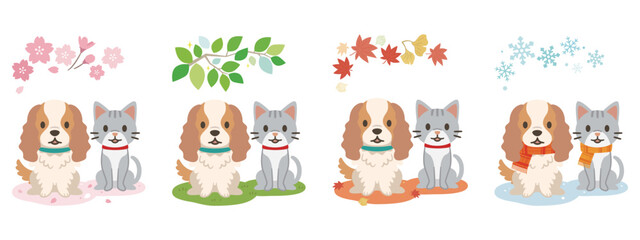 犬と猫のイラスト　春夏秋冬