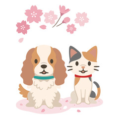 春の桜と犬と猫のイラスト