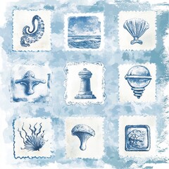 Elegant stamp graphic design with a retro marine theme, presented in a watercolor style with light blue tones, meticulously crafted with flawless and crisp details