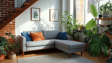 A stylish and inviting loft-style living room featuring Scandinavian-inspired decor, natural wooden elements, and a warm, comfortable atmosphere.