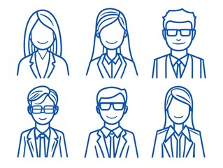 Minimalist vector illustration of a business avatar set, featuring office professionals in simple blue line art on a clean white background, ideal for profile pictures and social media