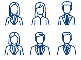 Minimalist vector illustration of a business avatar set, featuring office professionals in simple blue line art on a clean white background, ideal for profile pictures and social media
