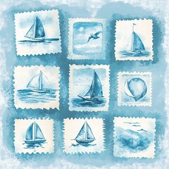 Elegant stamp graphic design with a retro marine theme, presented in a watercolor style with light blue tones, meticulously crafted with flawless and crisp details