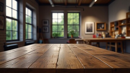 Empty wood table top in an Art Studio with a blurred background. The focus is on the table surface.