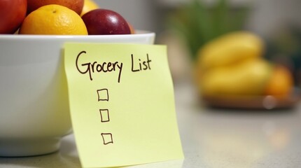 Grocery list note mockup in kitchen setting food preparation cozy environment close-up view for organizing