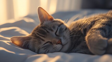 Naklejka premium Gray Tabby Cat Sleeping Peacefully in Sunlight on White Bed