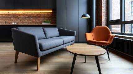 Fototapeta premium Cozy and modern loft-style interior with minimalist, yet sophisticated furniture and design elements, creating a harmonious and inviting living space.
