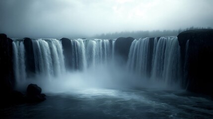 Fototapeta premium Majestic Waterfall Flowing in Dramatic Landscape with Misty Sky