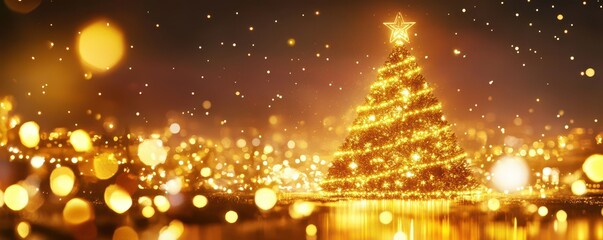 A beautifully decorated Christmas tree adorned with twinkling lights stands tall in the background, casting a warm glow. Colorful ornaments and a shimmering star atop enhance the festive atmosphere.