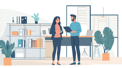 A woman and man standing together in an office environment discussing career development opportunities and strategies