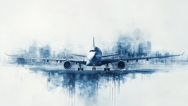 Futuristic Airbus blueprint with airport double exposure, textured blue paint stroke on white background. Ideal for aviation, engineering, and tech design projects.