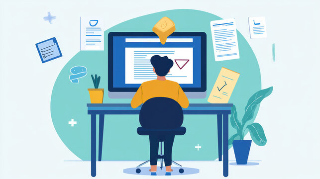 Individual sitting at a desk with a computer surrounded by papers in a bright and organized work environment