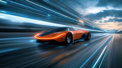 Obraz premium A futuristic Formula 1 race car with sleek, neon-illuminated edges and a vibrant speed trail, capturing the dynamic energy and technological advancements of motorsports.