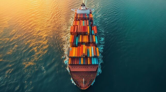 A large container ship sailing through the open ocean, symbolizing global trade and efficient supply chain operations